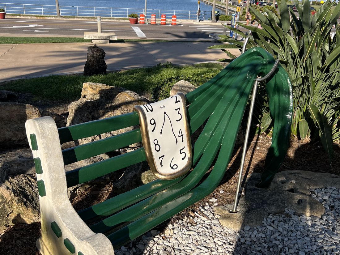 Sculptural melting-clock bench at the Dali Museum, designed by Kevin Brady, refurbished by Lemonade Arts Foundation.